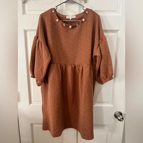 Simply Southern Rust Textured Midi Dress with Pearl Neckline - Picture 3 of 5